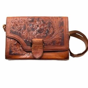 Vintage Tooled Leather Satchel Shoulder Crossbody Bag Mexico Floral Organizer